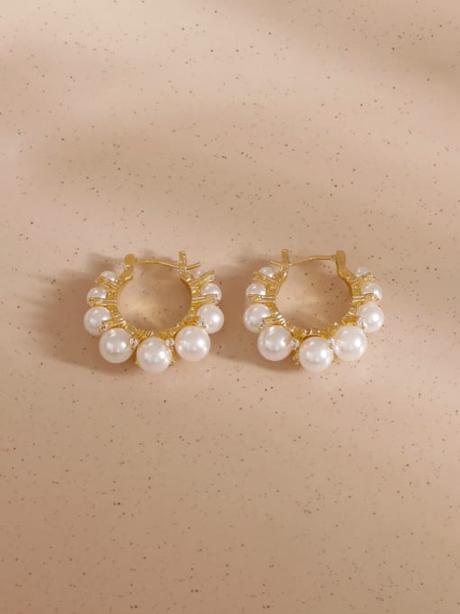 Light gold [Ear buckle] Brass Imitation Pearl Geometric Minimalist Huggie Earring